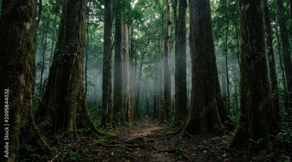 Fototapeta premium Mysterious Forest Path - Sunlight Filtering Through Towering Trees.