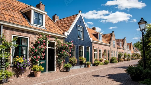 Traditional Dutch brick houses along a sunny cobblestone street
