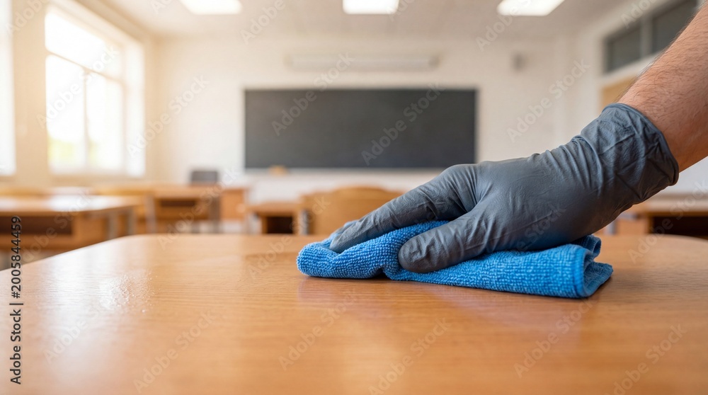 Fototapeta premium A person wearing a glove meticulously wipes a wooden desk with a blue cloth in a classroom emphasizing cleanliness and hygiene in educational environments