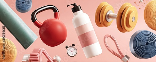 Fitness workout equipment and pastel 3D rendered gym objects arranged on a pink background