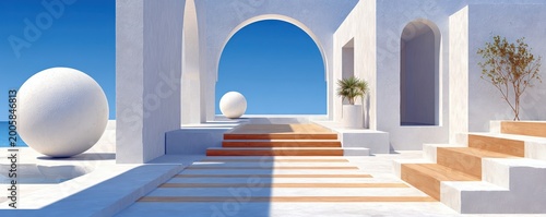 Minimalist architectural scene with white arches, wooden stairs and spherical sculptures by the sea