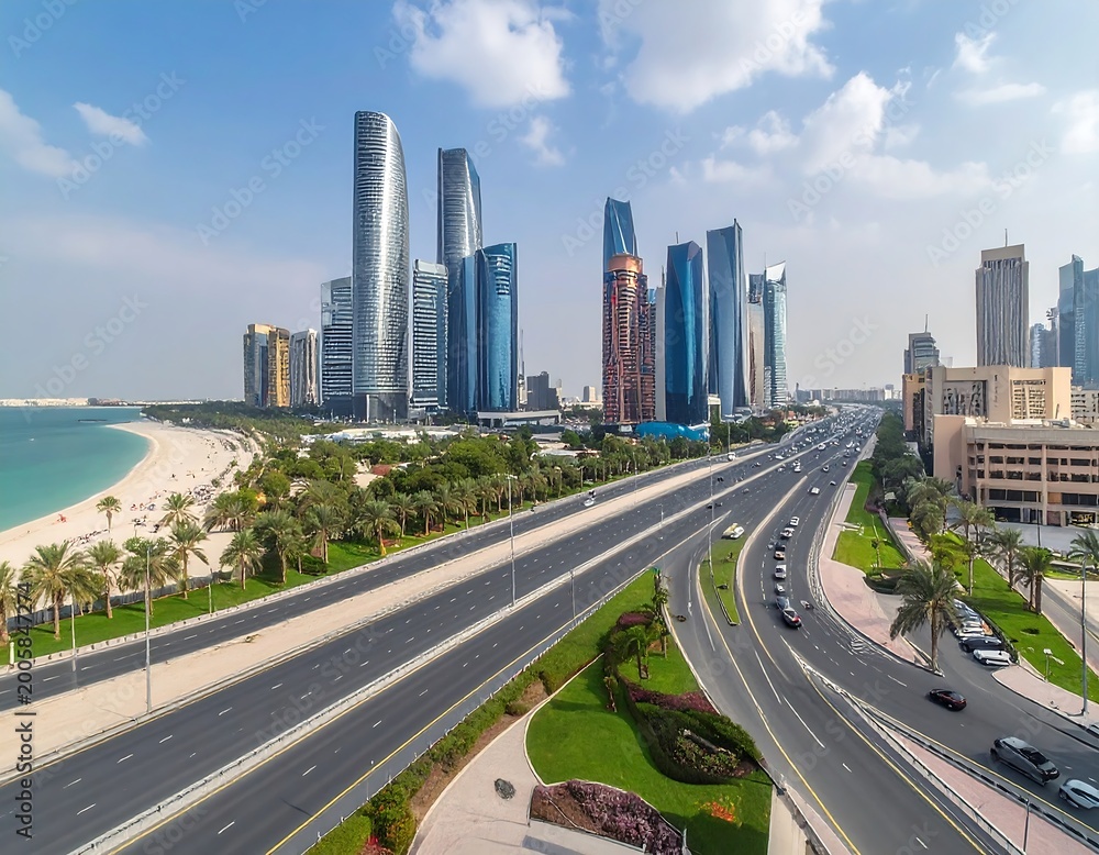 Fototapeta premium Aerial view of a modern coastal city with sleek skyscrapers, a highway, beach, and palm trees