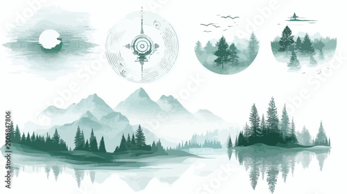 An illustrative collection of serene, natural landscapes, with mountains and trees in a watercolor style