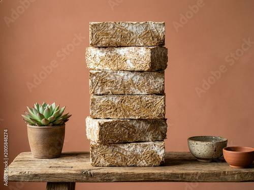 Stacked Mycelium and Straw Biocomposite Bricks on Rustic Wooden Table with Minimalist Decor
