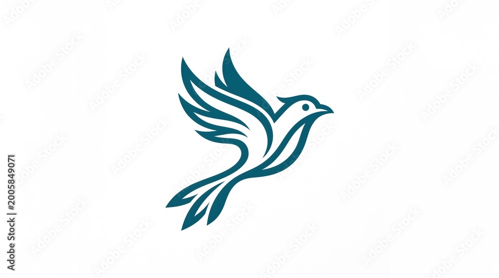 Fototapeta premium Elegant blue bird logo concept with stylized wings and streamlined body design in flight, isolated on white background