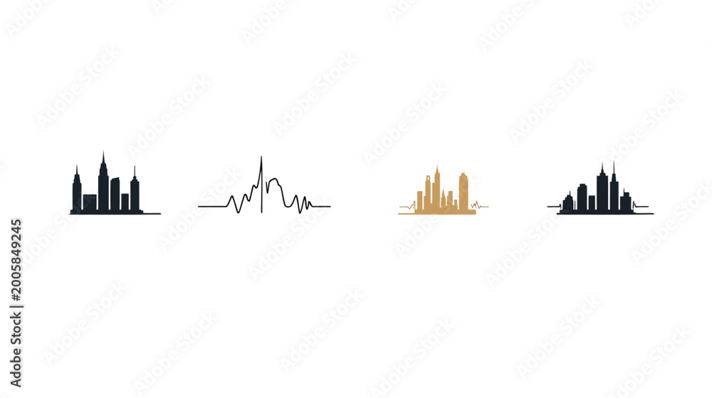 Obraz premium Four stylized city skyline illustrations on a white background, featuring modern architecture in minimalist designs
