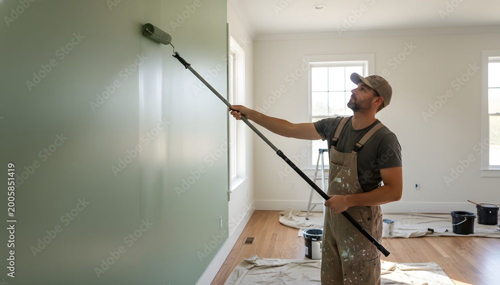 Fototapeta premium Professional man painting interior wall with roller extension pole in modern apartment for home improvement and renovation concept, remodeling workspace background