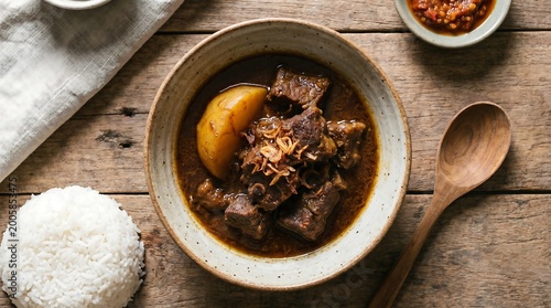 Delicious Massaman Curry with Beef and Potatoes Served with Rice.