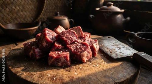 Freshly cut raw beef cubes on a rustic wooden chopping board with a cleaver.