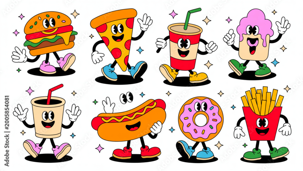 Fototapeta premium Groovy Retro Food & Drink Cartoon Characters Set – Vintage 70s Snack Sticker Collection