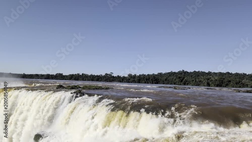 A close-up of the Iguazu River's waters cascading into a waterfall in Iguazu National Park and Reserve in Argentina, June.
