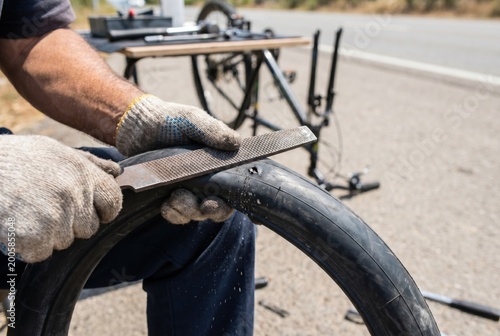 Person wearing work gloves using a metal rasp file to roughen the surface of a punctured black bicycle inner tube