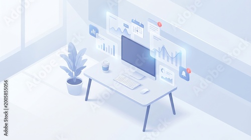 Isometric office workstation with digital data visualization and analytics.