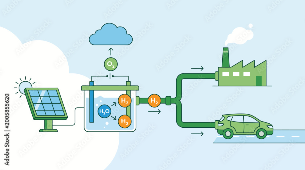 Fototapeta premium Green hydrogen production process from solar energy for industry and transport. EPS Editable. Vector Illustrations.