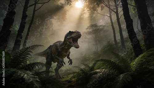 Roaring Tyrannosaurus Rex in Misty Prehistoric Jungle