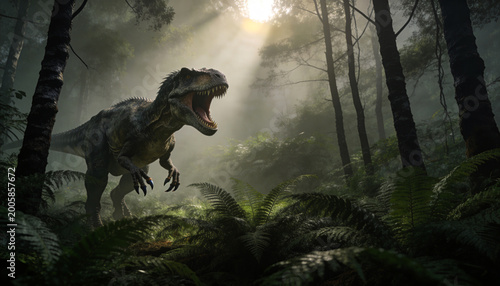 Roaring Tyrannosaurus Rex in Misty Prehistoric Jungle