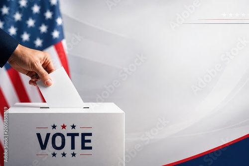 Hand inserting ballot into voting box with American flag background, midterm elections 2026 concept, democracy participation and civic voting day banner with clean copy space