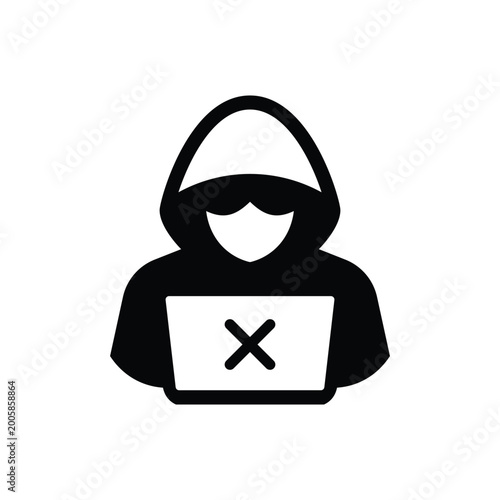 Hacker man hoodie laptop crossmark solid icon for cyber security attack and malware error
