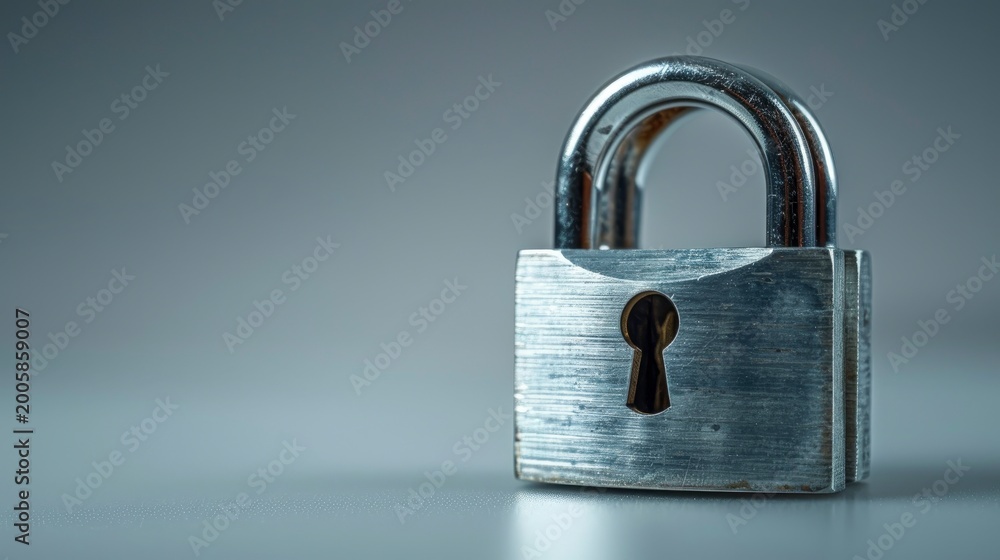Fototapeta premium Steel padlock standing locked on a minimalist studio surface with sharp metallic detail and soft bokeh for cybersecurity and data protection marketing