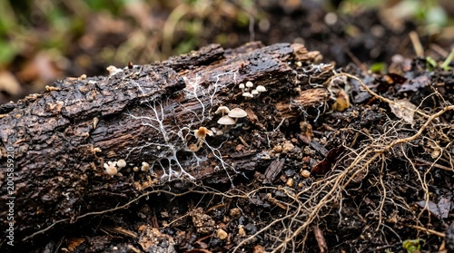 Macro detail of decomposing wood and compost in hugelkultur system. Ideal for ecology and sustainability design backgrounds.