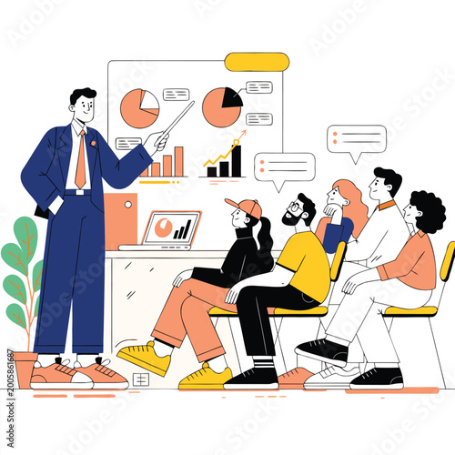 business presentation with diverse team analyzing data and charts illustration