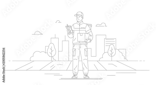 Delivery man holding package and drink with city skyline background, line art illustration