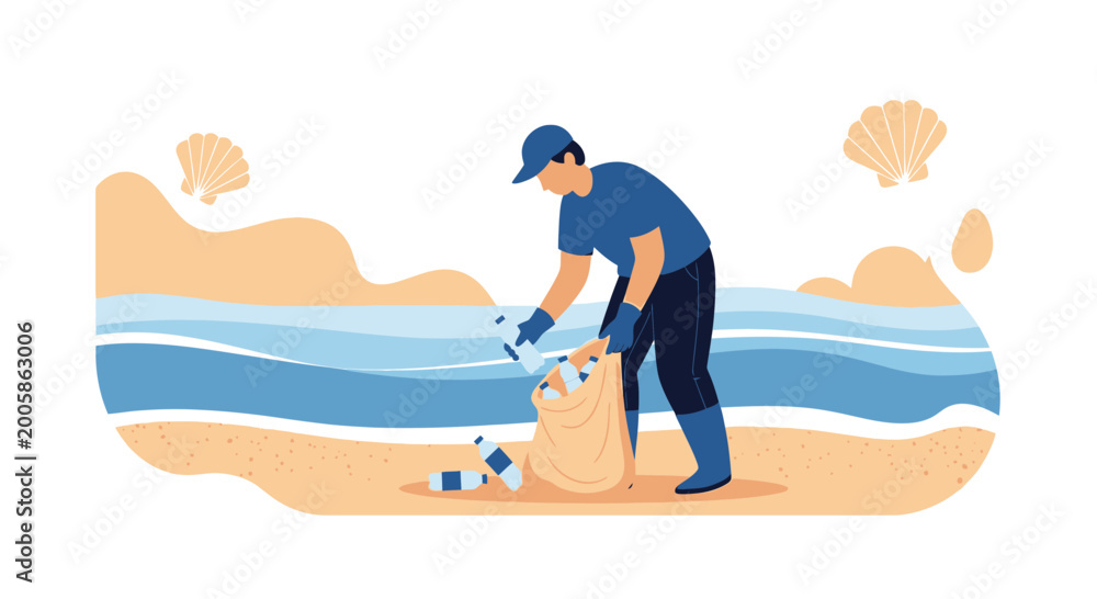 Obraz premium Man collecting plastic bottles on beach, cleaning up pollution for environmental protection