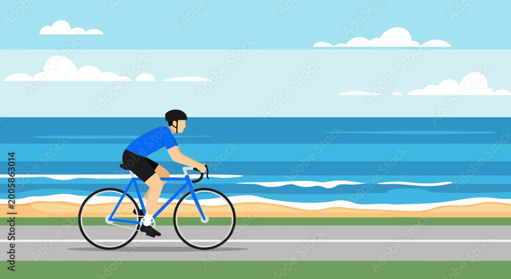 Fototapeta premium Man cycling along a scenic coastal road with ocean waves and blue sky