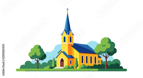 Fotografia Bright yellow church with blue roof and steeple, surrounded by green trees and bushes