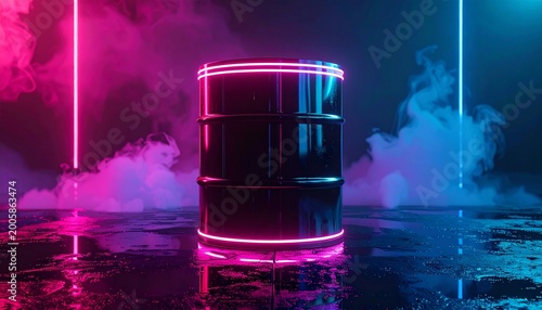 Luxurious Futuristic Black Chrome Oil Barrel with Glowing Neon Edge. Cyber ​​petroleum commodity and finance sci-fi industrial concept in premium high-end 3D rendering style.