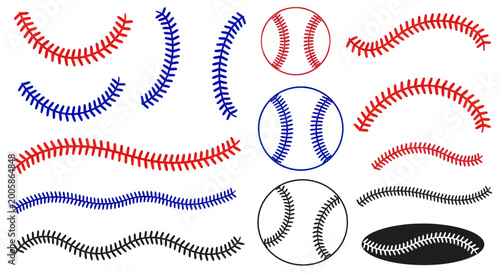 Photos Baseball Stitching Elements and Balls - Red, Blue, Black
