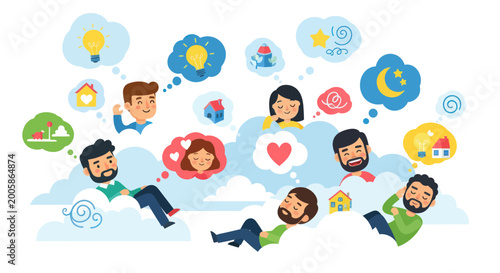 Diverse people in clouds dreaming of ideas, love, and homes, illustration