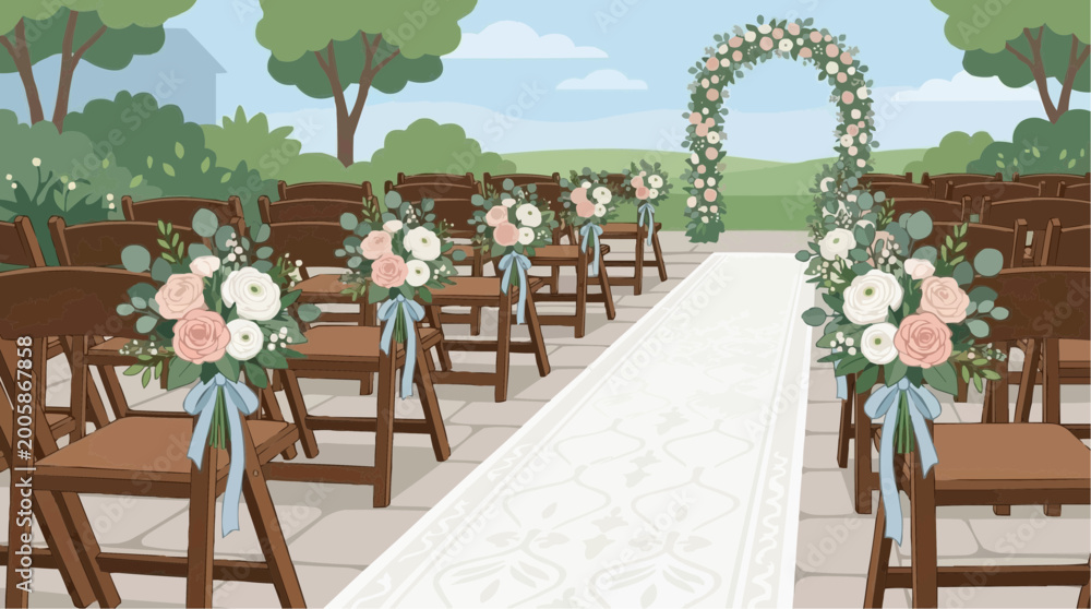 Obraz premium Wedding Venue: An elegant wedding ceremony setting, meticulously adorned with floral arrangements and charming chairs, invites couples and guests to a day of unforgettable joy and cherished memories.