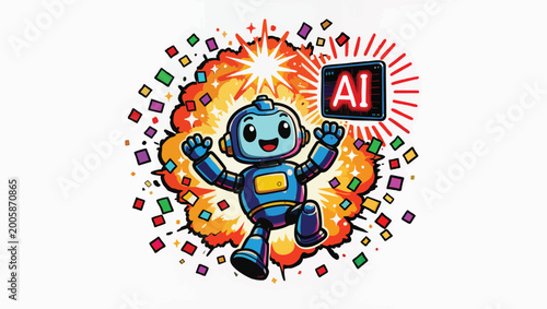 Joyful blue robot celebrating ai breakthrough with exploding confetti and ai chip.