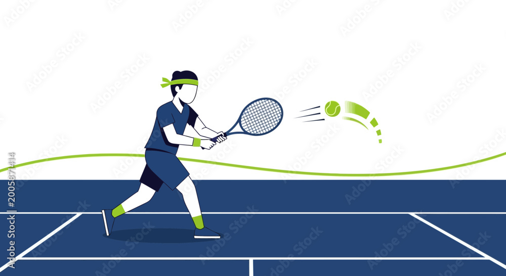 Fototapeta premium Tennis player hitting a forehand shot on a blue court with a green ball in motion.