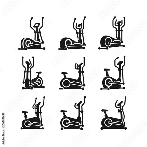 Elliptical Machine Icons Set: Silhouette Fitness Equipment Collection