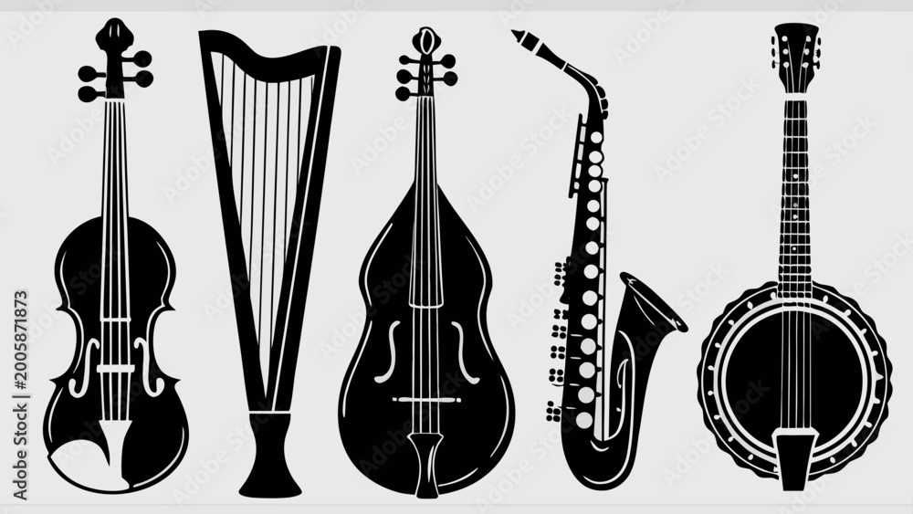 Fototapeta premium musical instruments collection with violin harp cello saxophone and banjo black silhouettes