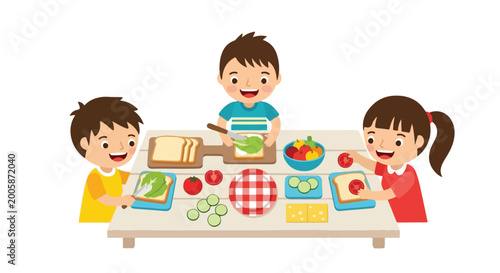 Three cheerful children sit around a table together, happily preparing healthy sandwiches with bread, lettuce, tomatoes, and various fresh veggies.