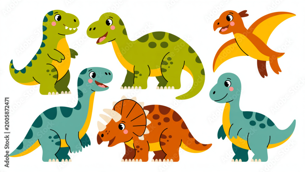 Naklejka premium Cute Cartoon Dinosaur Vector Collection – T-Rex, Triceratops, Brachiosaurus and Pterodactyl Set for Kids
