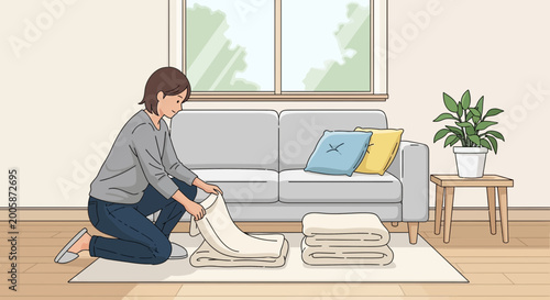 Woman folding laundry on the floor in a bright living room with couch and plant