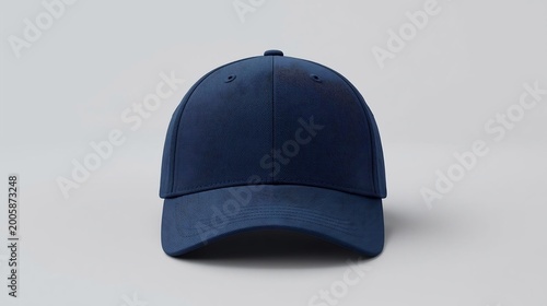 Front view of a blank navy blue baseball cap isolated on a clean light background, perfect for custom branding and fashion designs