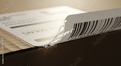 Torn Ticket Revealing Barcode on Wooden Surface.