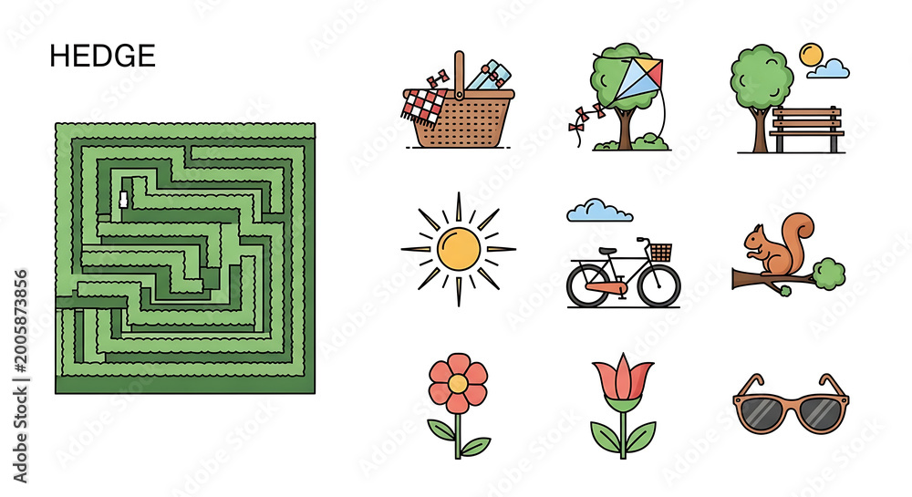 Fototapeta premium Pixel art collection of summer outdoor activities, including a maze, picnic basket, kite flying tree, park bench, sun, bicycle, squirrel, flowers, and sunglasses