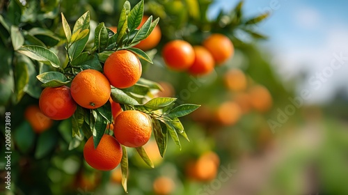 Fresh oranges hanging from the branches of a citrus tree, a close-up shot, shows the vibrant fruit with their green leaves in sunlight
