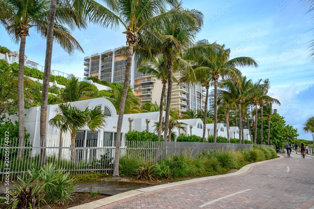 Fototapeta premium White architectural bungalows and palm trees in Miami. Modern white round roof buildings behind metal fence with palm trees on beach walk in Miami Florida.