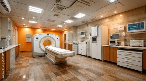 A modern CT scan room with advanced medical equipment. The room is clean and well-lit with state-of-the-art technology.
