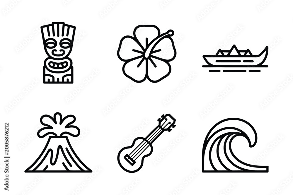 Fototapeta premium Hawaiian icons: tiki hibiscus canoe volcano ukulele wave with line art, hibiscus