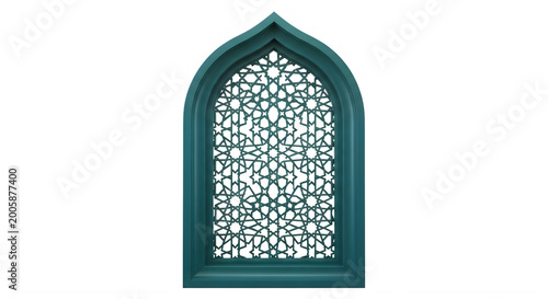 Islamic window frame with teal geometric pattern for ramadan and eid religious decoration.