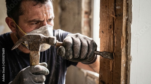 Tense moment carefully removing dry rot from load bearing wooden stud