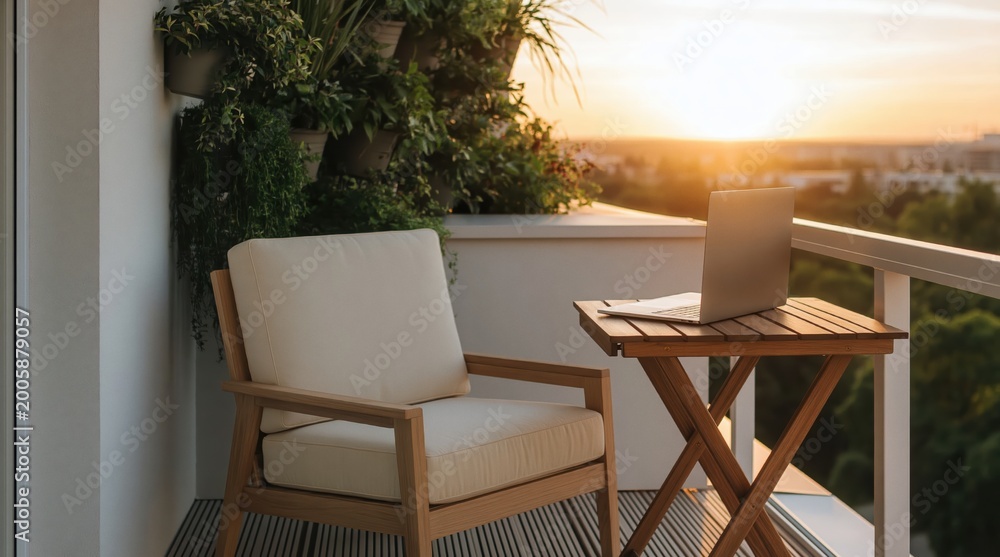 Fototapeta premium Serene balcony setting at sunset, featuring comfortable armchair, small wooden table with laptop, and lush greenery, overlooking distant cityscape. High quality photo